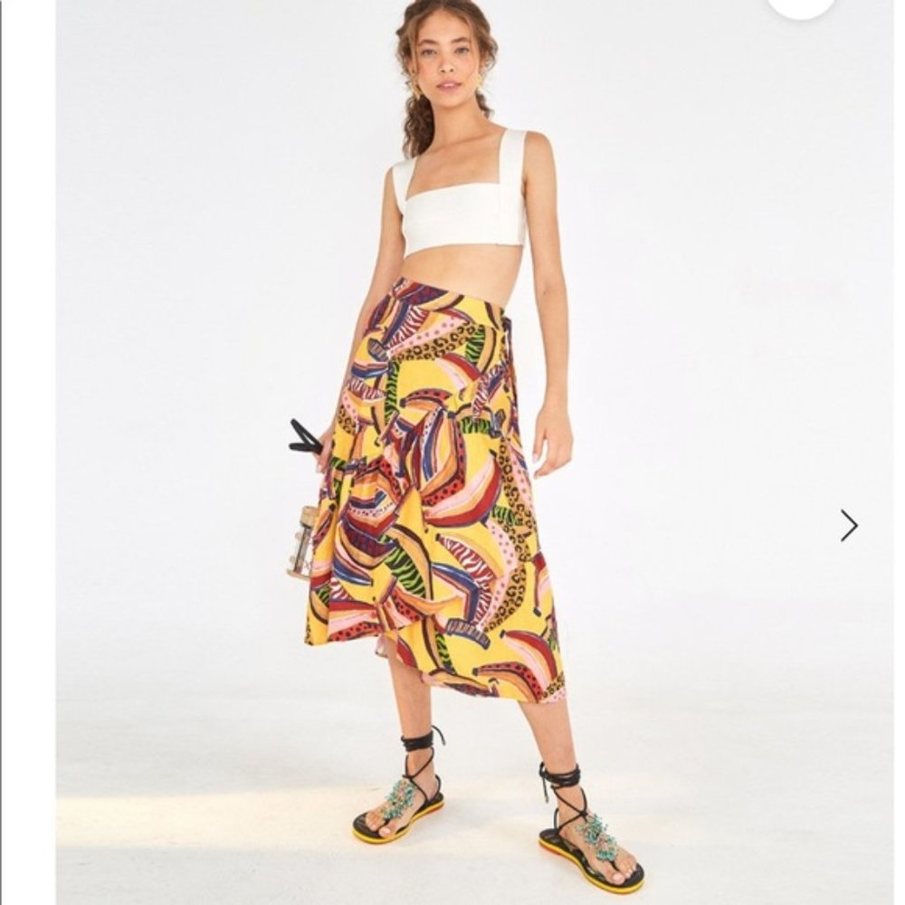 Farm Rio Banana Midi Wrap Skirt Yellow size L - Picture 2 of 11